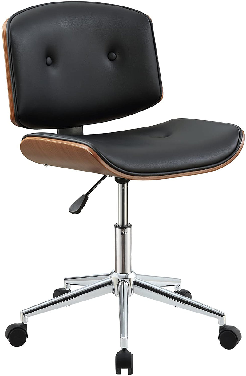 Armless Office Chair Black PU/Walnut with Thick Padding and Faux Leather Button Design Adjustable Height Swivel Seat