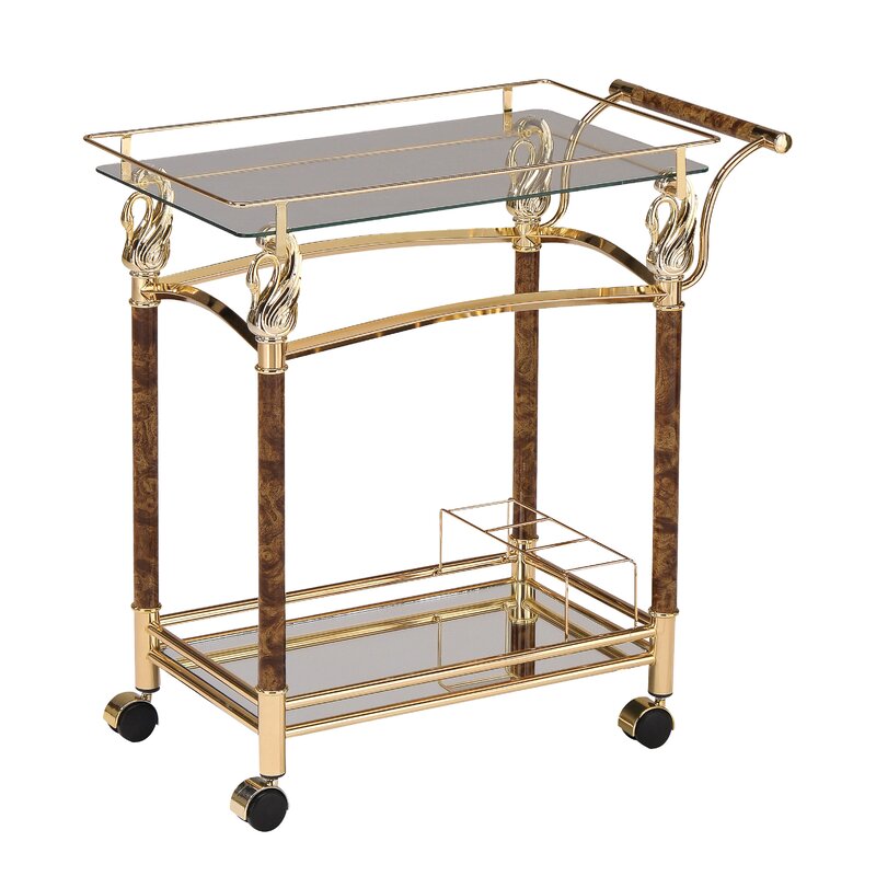 Serving Bar Carts Gold Shimmering Frame Rolling Cart with Tempered Glass Jambi Helmut