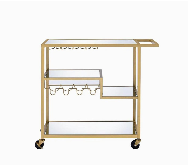 Serving Carts Gold Shimmering Plated Metal Frame Bar Cart Rolling with Tempered Glass Mirror Shelves for Kitchen Living Room Bar Drink Wine