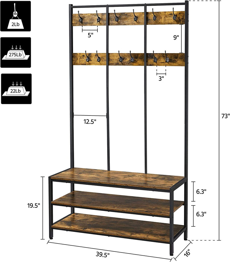 3-in-1 Hall Tree Coat Rack Stand Shoe Bench 3-Tier Storage Shelves with Steel Frame Multifunctional Entryway Entry